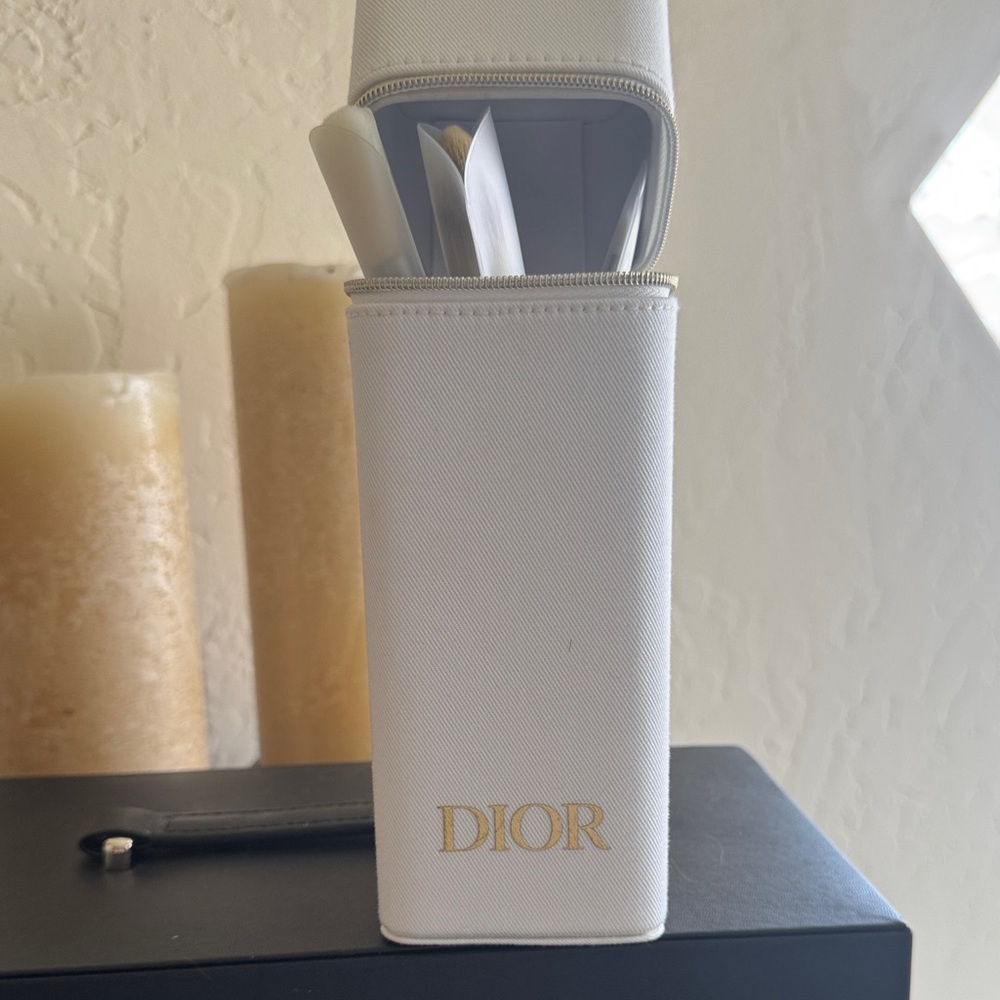 Dior White Leather Cosmetic Brush Case and 3 brushes
